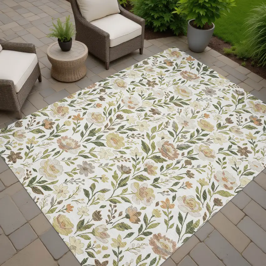 Ivory And Gray Floral Washable Indoor Outdoor Area Rug Photo 7