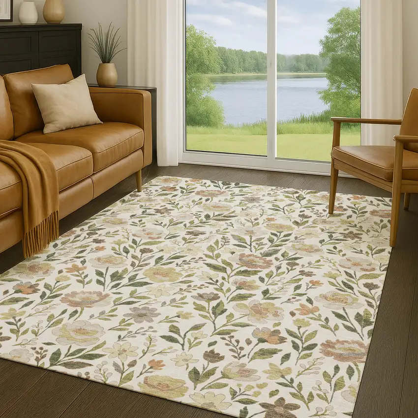 Ivory And Gray Floral Washable Indoor Outdoor Area Rug Photo 5