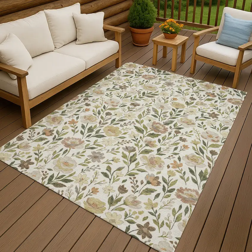 Ivory And Gray Floral Washable Indoor Outdoor Area Rug Photo 4