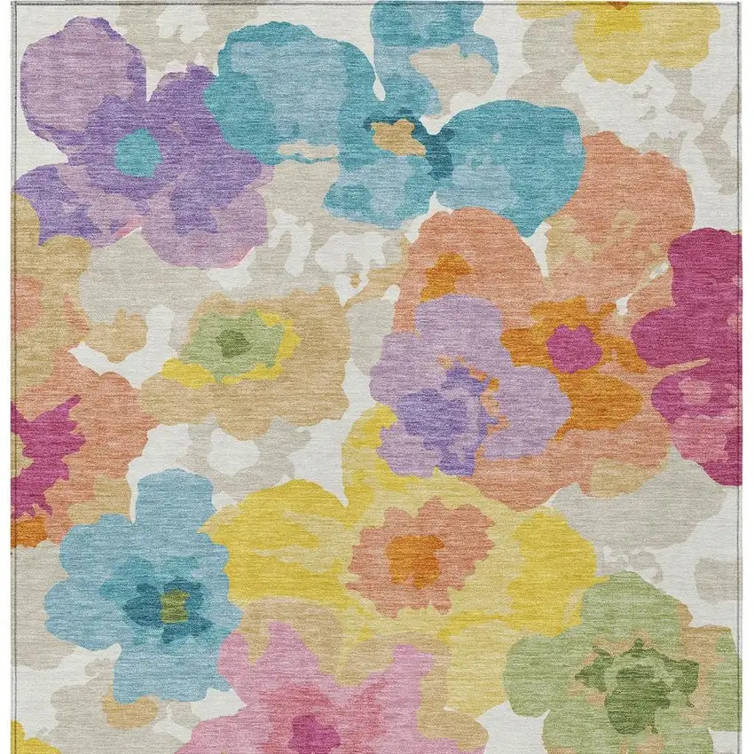 Ivory And Gray Floral Washable Indoor Outdoor Area Rug Photo 3