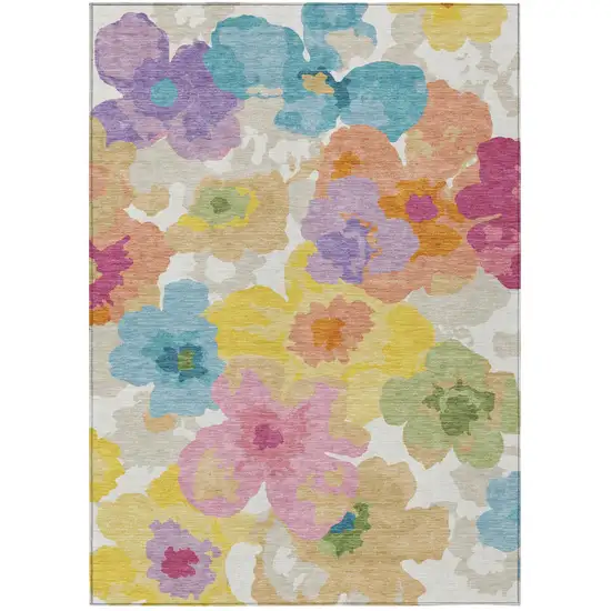 Ivory And Gray Floral Washable Indoor Outdoor Area Rug Photo 1