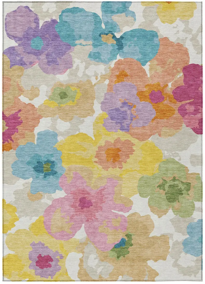 Ivory And Gray Floral Washable Indoor Outdoor Area Rug Photo 1