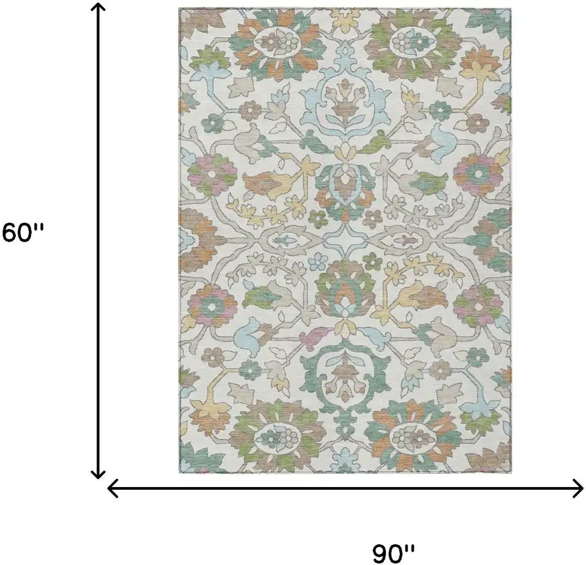 Ivory And Gray Floral Washable Indoor Outdoor Area Rug Photo 6