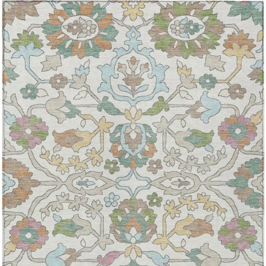 Ivory And Gray Floral Washable Indoor Outdoor Area Rug Photo 3