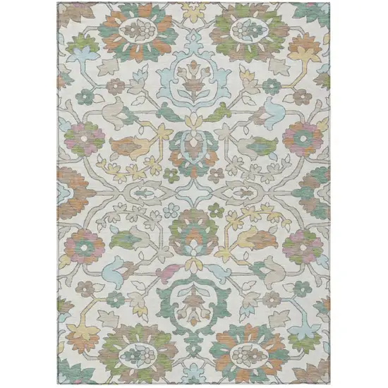 Ivory And Gray Floral Washable Indoor Outdoor Area Rug Photo 1