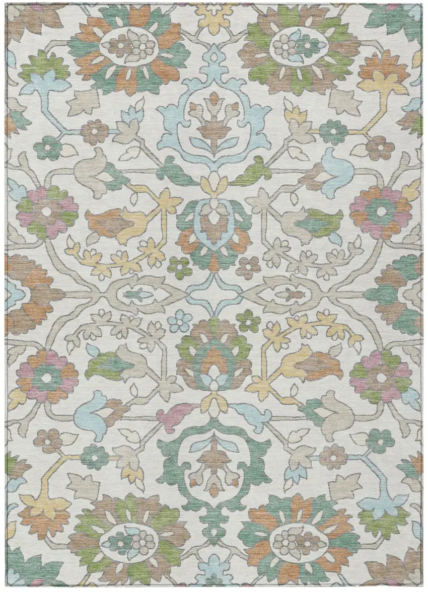 Ivory And Gray Floral Washable Indoor Outdoor Area Rug Photo 1