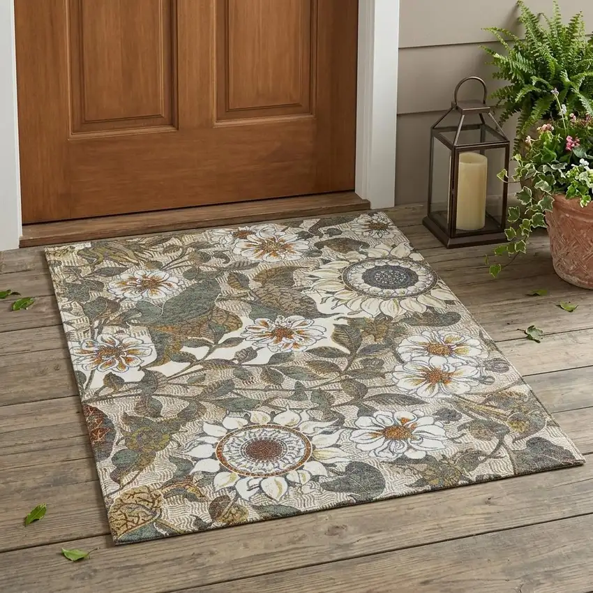 Ivory And Gray Floral Washable Indoor Outdoor Area Rug Photo 1