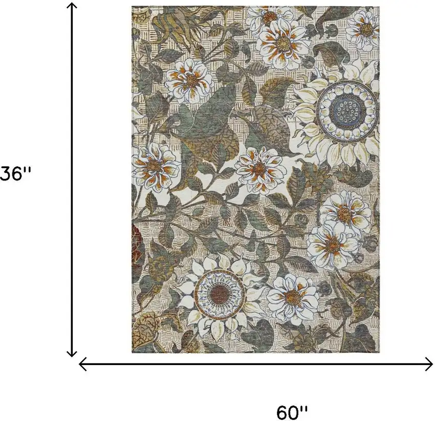 Ivory And Gray Floral Washable Indoor Outdoor Area Rug Photo 5