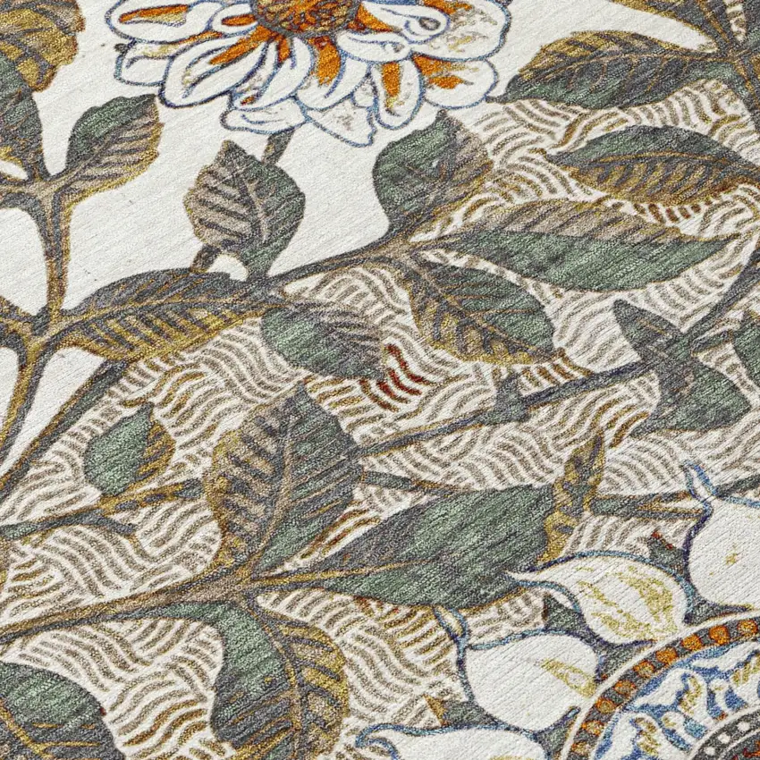 Ivory And Gray Floral Washable Indoor Outdoor Area Rug Photo 4