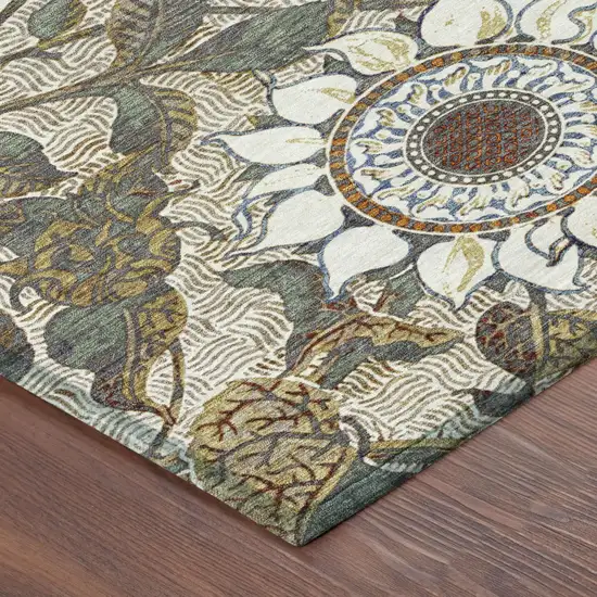 Ivory And Gray Floral Washable Indoor Outdoor Area Rug Photo 3