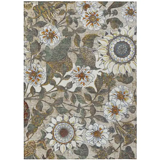 Ivory And Gray Floral Washable Indoor Outdoor Area Rug Photo 2