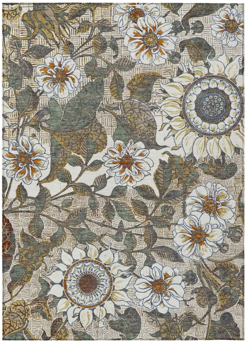 Ivory And Gray Floral Washable Indoor Outdoor Area Rug Photo 2