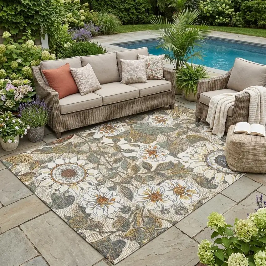 Ivory And Gray Floral Washable Indoor Outdoor Area Rug Photo 1