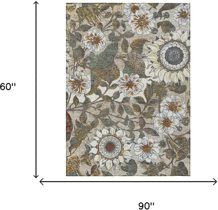Ivory And Gray Floral Washable Indoor Outdoor Area Rug Photo 5