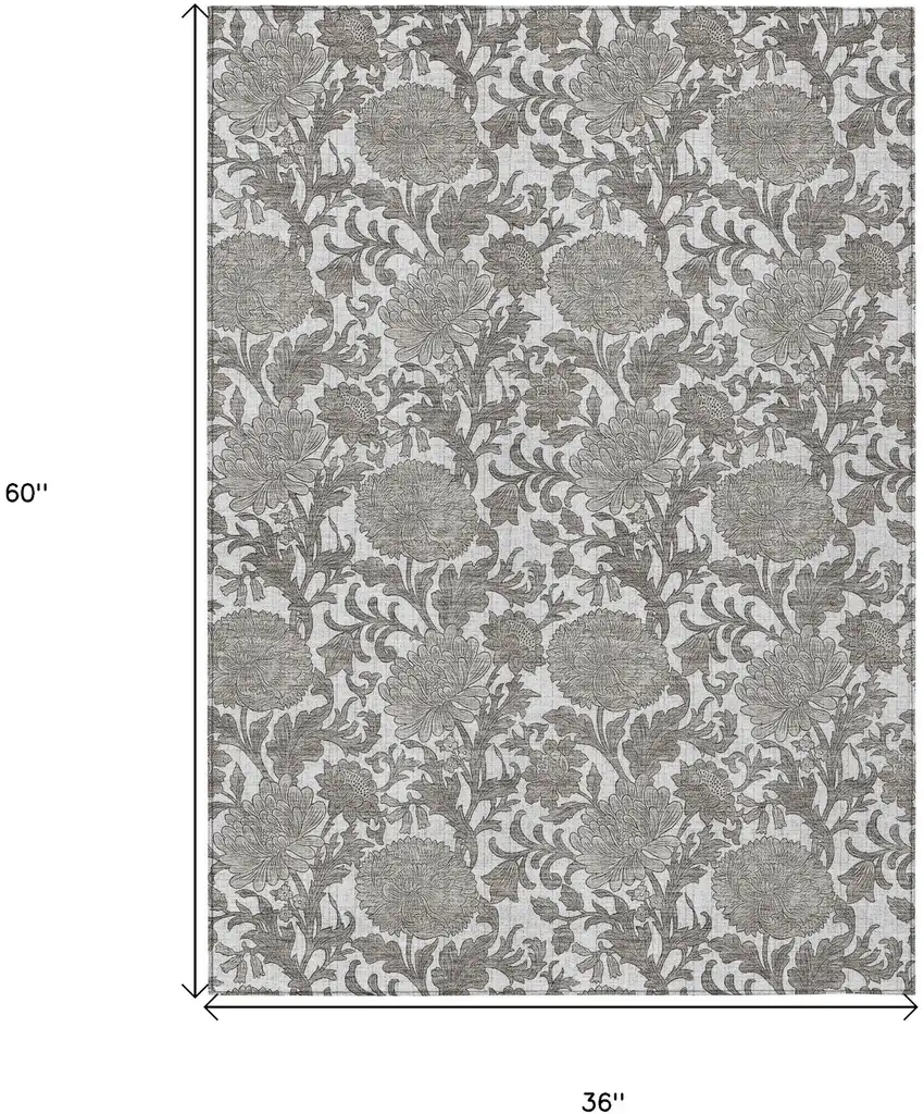 Ivory And Gray Floral Washable Indoor Outdoor Area Rug Photo 3