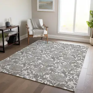 Photo of Ivory And Gray Floral Washable Indoor Outdoor Area Rug