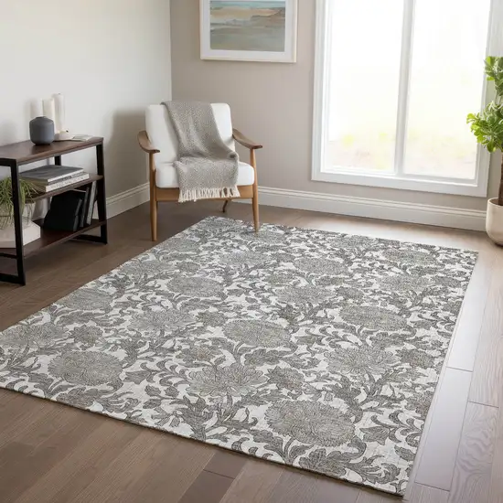 Ivory And Gray Floral Washable Indoor Outdoor Area Rug Photo 8