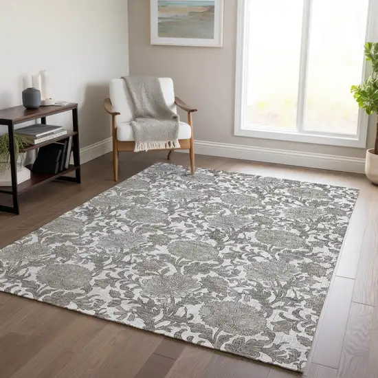 Ivory And Gray Floral Washable Indoor Outdoor Area Rug Photo 8