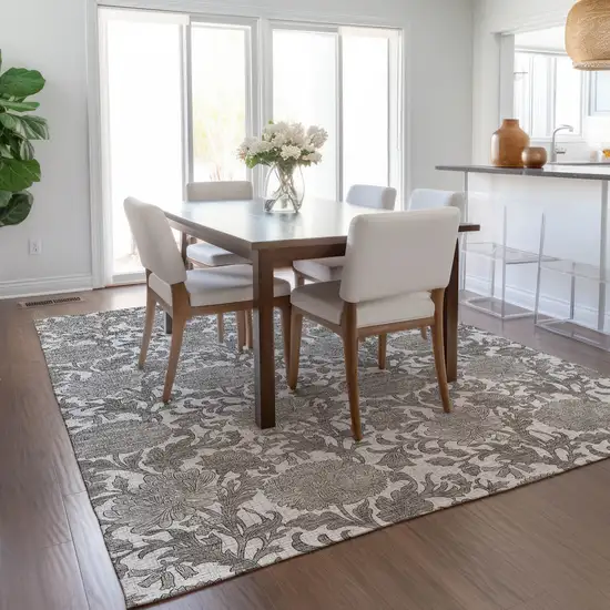 Ivory And Gray Floral Washable Indoor Outdoor Area Rug Photo 9
