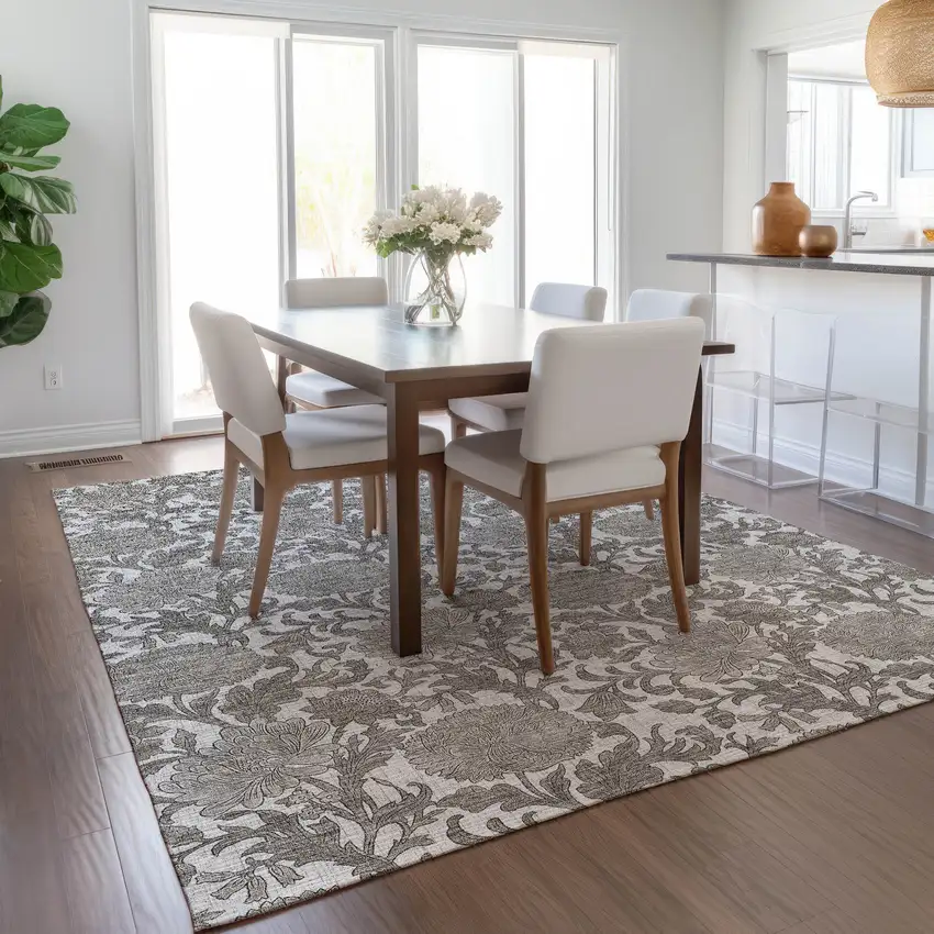Ivory And Gray Floral Washable Indoor Outdoor Area Rug Photo 9