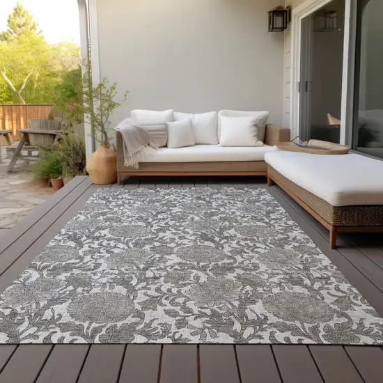 Ivory And Gray Floral Washable Indoor Outdoor Area Rug Photo 7