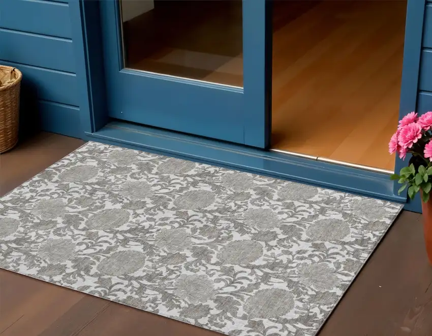 Ivory And Gray Floral Washable Indoor Outdoor Area Rug Photo 1