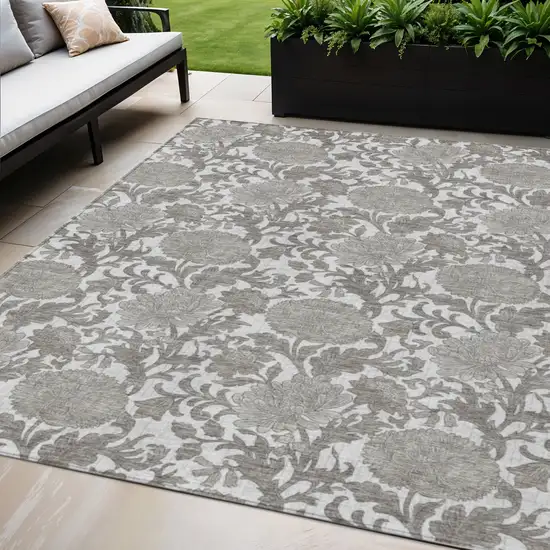 Ivory And Gray Floral Washable Indoor Outdoor Area Rug Photo 1