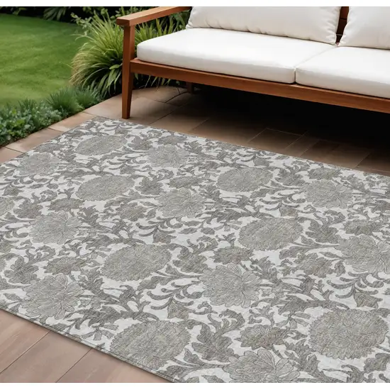 Ivory And Gray Floral Washable Indoor Outdoor Area Rug Photo 1