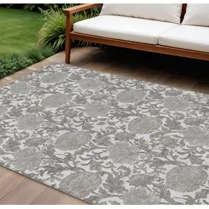 Photo of Ivory And Gray Floral Washable Indoor Outdoor Area Rug