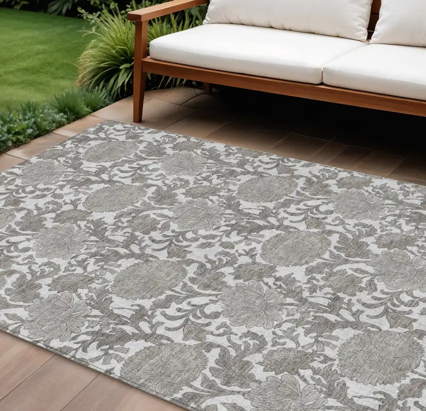 Ivory And Gray Floral Washable Indoor Outdoor Area Rug Photo 1