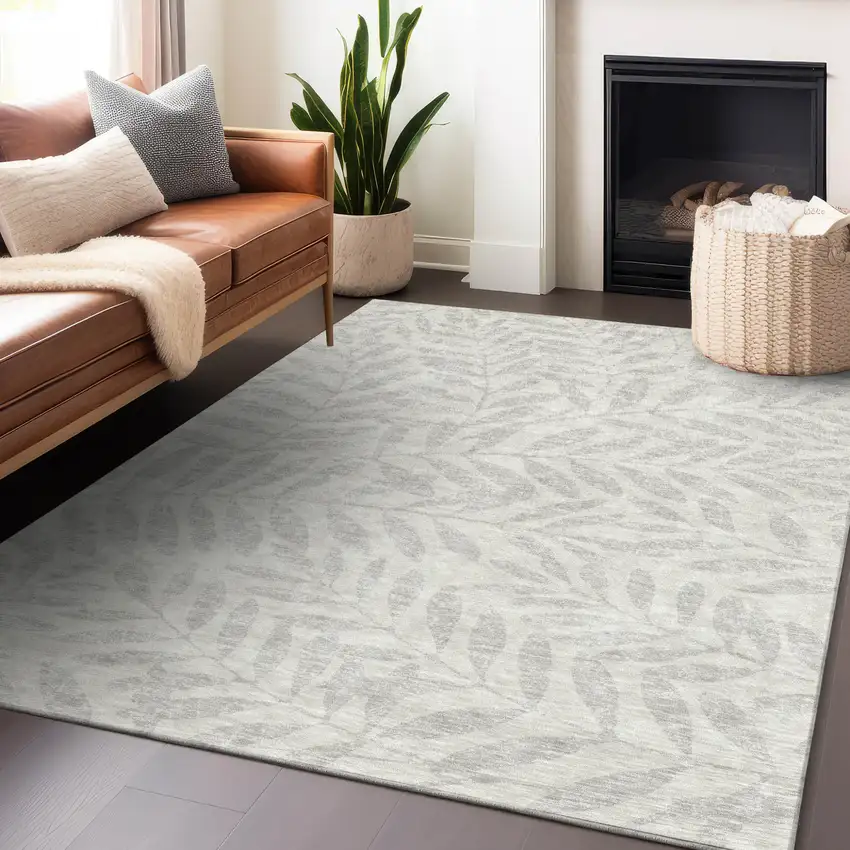Ivory And Gray Floral Washable Indoor Outdoor Area Rug Photo 9