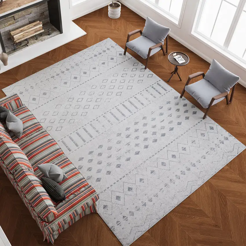 Ivory And Gray Geometric Distressed Area Rug Photo 8