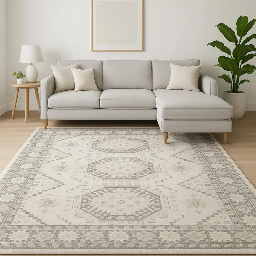 Ivory And Gray Geometric Distressed Area Rug Photo 1
