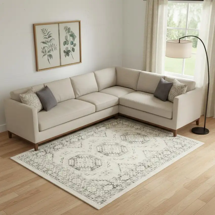 Ivory And Gray Geometric Distressed Area Rug Photo 1