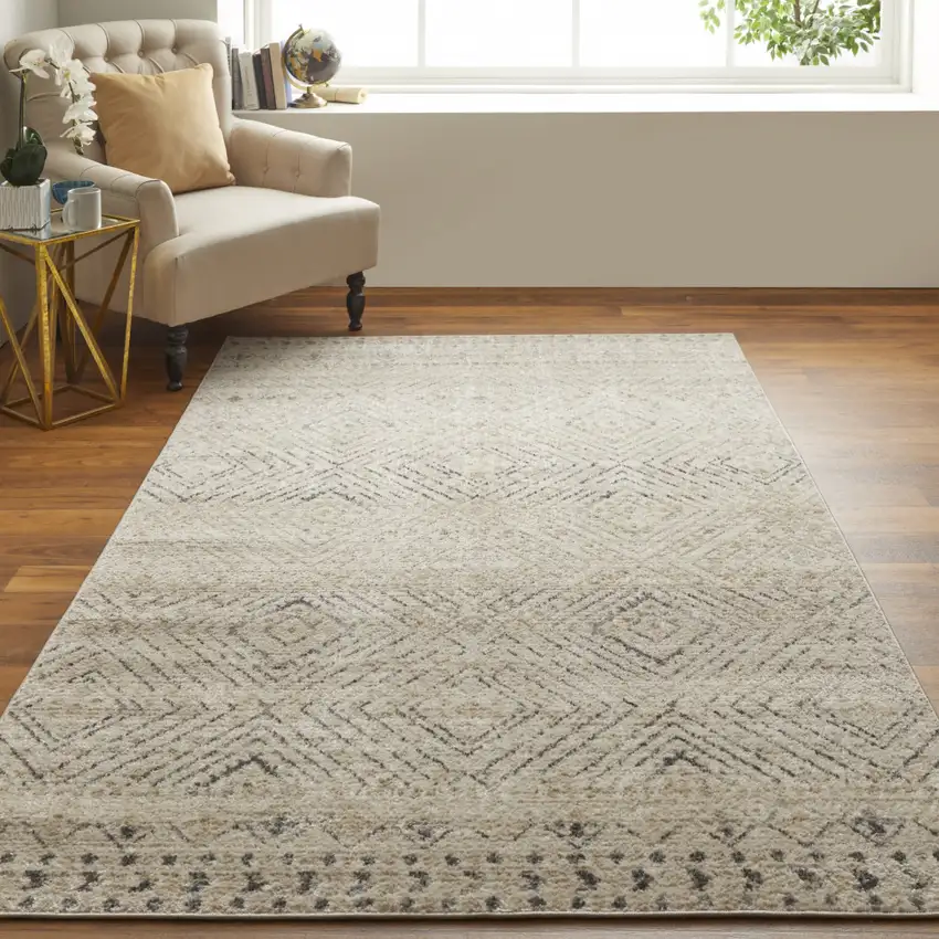 Ivory And Gray Geometric Power Loom Distressed Area Rug Photo 6