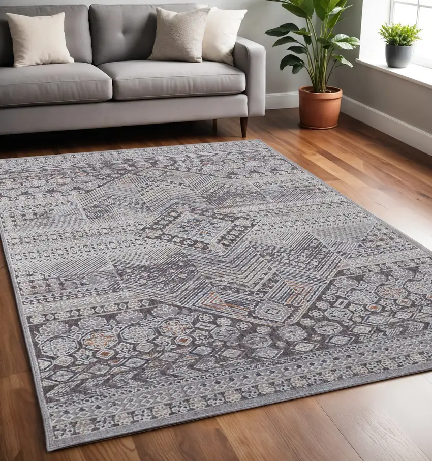 Gray and Ivory Geometric Power Loom Distressed Area Rug Photo 1