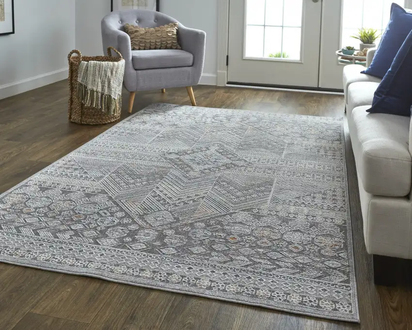 Ivory And Gray Geometric Power Loom Distressed Stain Resistant Area Rug Photo 8