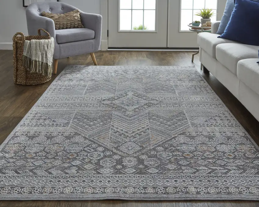 Ivory And Gray Geometric Power Loom Distressed Stain Resistant Area Rug Photo 7