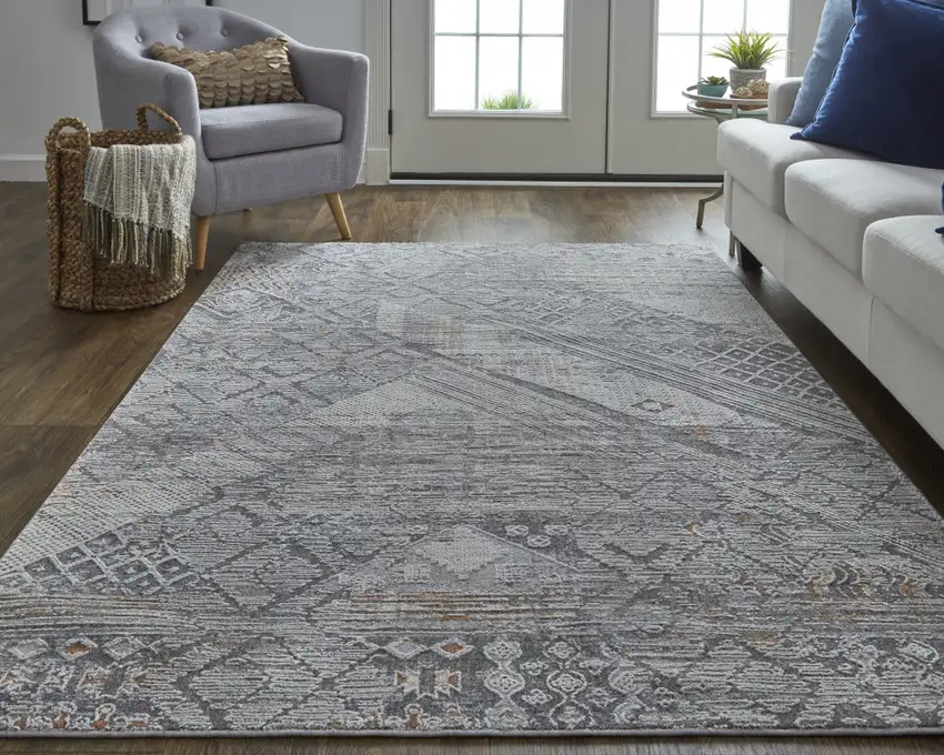 Ivory And Gray Geometric Power Loom Distressed Stain Resistant Area Rug Photo 5