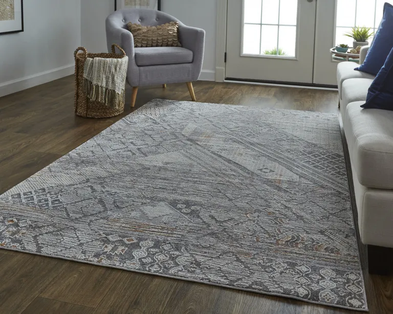 Ivory And Gray Geometric Power Loom Distressed Stain Resistant Area Rug Photo 1