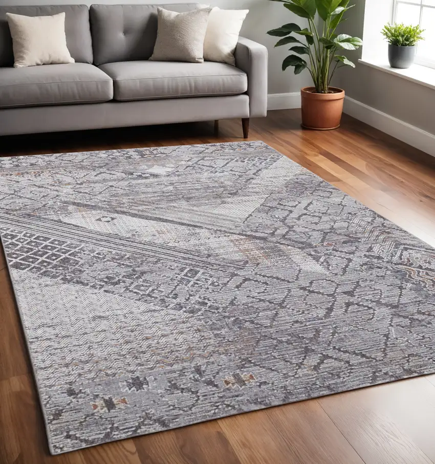 Gray and Ivory Geometric Power Loom Distressed Area Rug Photo 1
