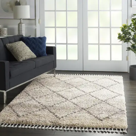 Ivory And Gray Geometric Shag Non Skid Area Rug With Fringe Photo 6