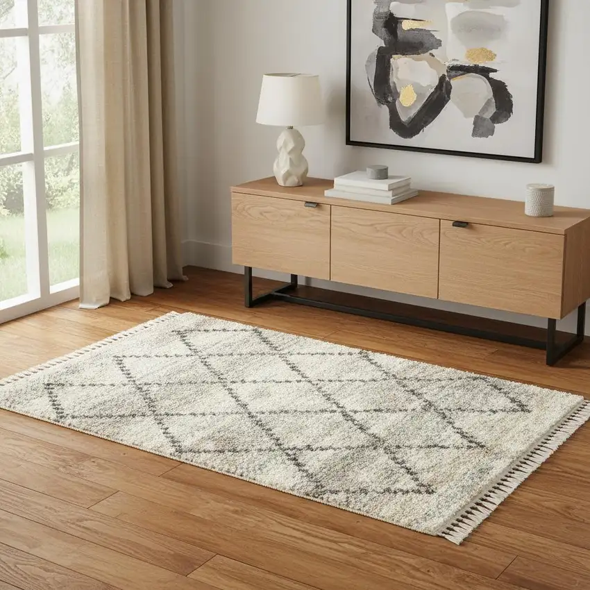 Ivory And Gray Geometric Shag Non Skid Area Rug With Fringe Photo 1