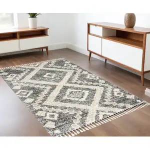 Photo of Ivory And Gray Geometric Shag Non Skid Area Rug With Fringe