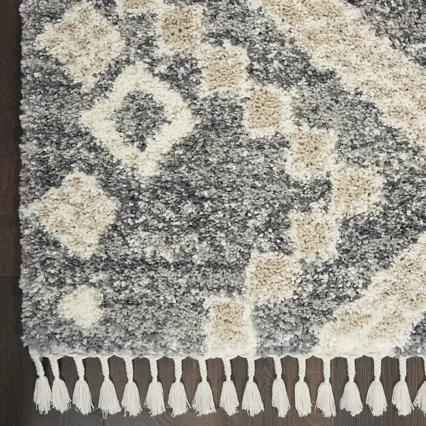 Ivory And Gray Geometric Shag Non Skid Area Rug With Fringe Photo 5
