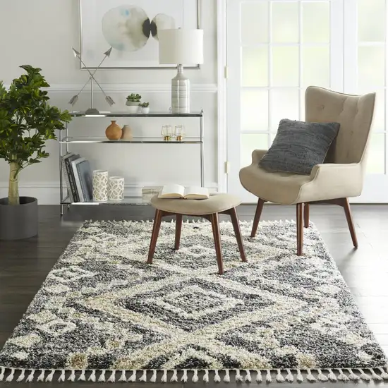 Ivory And Gray Geometric Shag Non Skid Area Rug With Fringe Photo 3