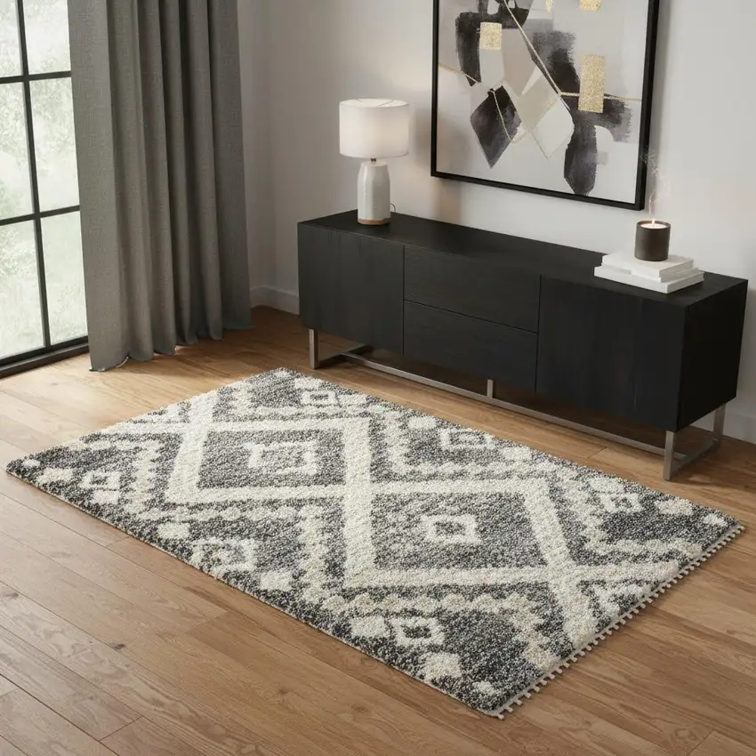 Ivory And Gray Geometric Shag Non Skid Area Rug With Fringe Photo 1