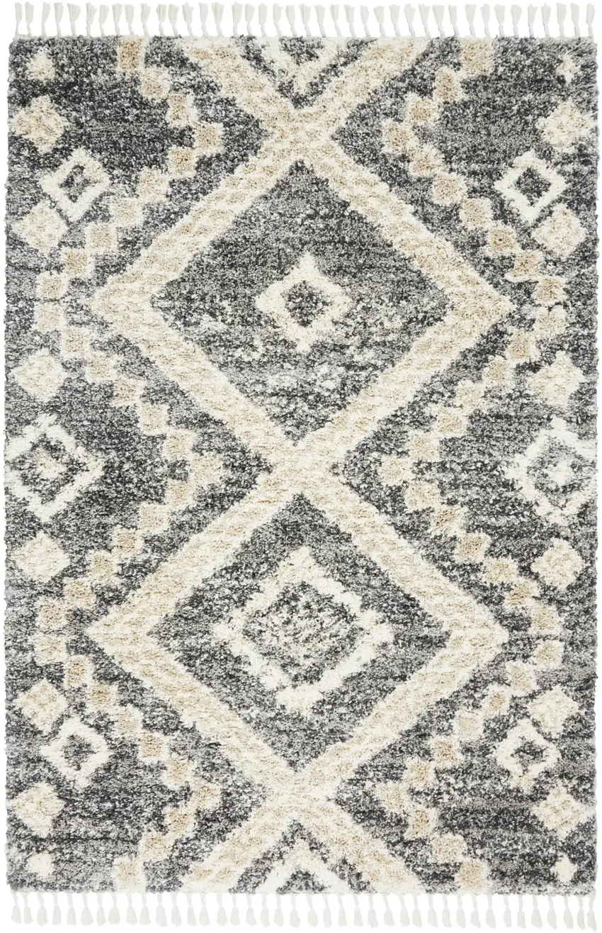 Ivory And Gray Geometric Shag Non Skid Area Rug With Fringe Photo 2