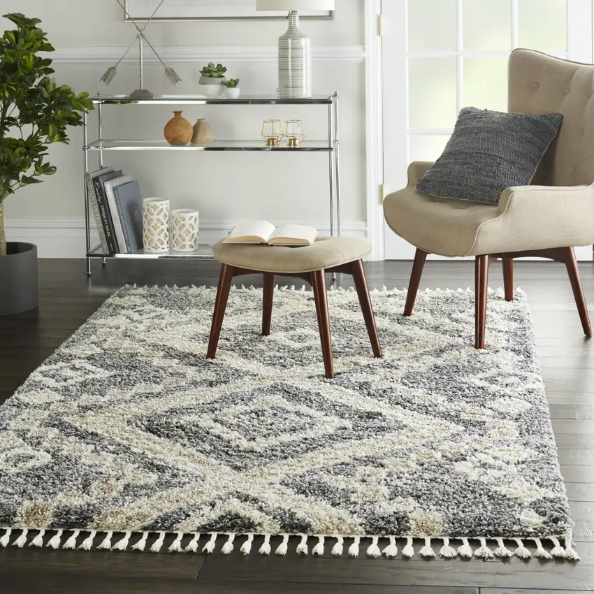 Ivory And Gray Geometric Shag Non Skid Area Rug Photo 5