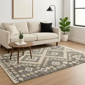 Photo of Ivory And Gray Geometric Shag Non Skid Area Rug